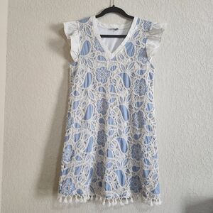 VOY Blue & White Dolly Crochet Shift Mini Dress With Ruffle Sleeves Tassle Hem